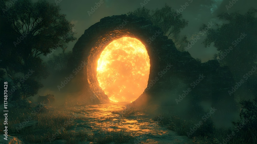 Poster mystical glowing archway set within a surreal enchanting forest landscape with a celestial moon and 