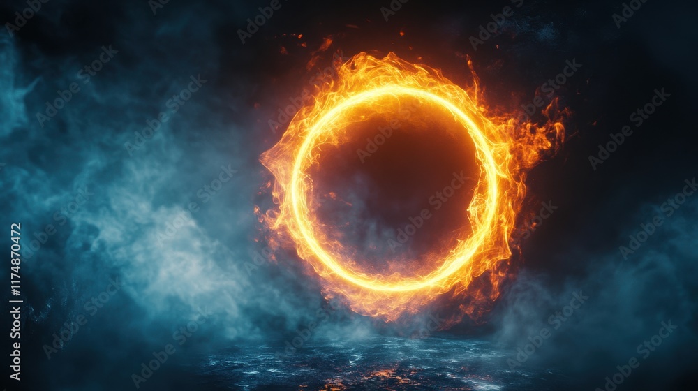Poster a mesmerizing fiery ring surrounded by ethereal mist, creating a captivating mystical atmosphere.