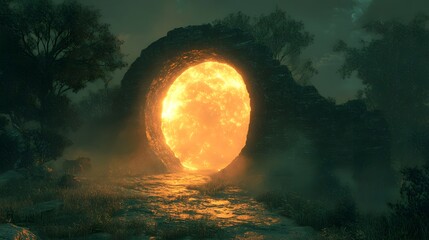 Obraz premium Mystical glowing archway set within a surreal enchanting forest landscape with a celestial moon and ethereal lighting creating a captivating otherworldly atmosphere