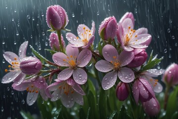 Pink flowers in the garden with white blooms and close-up view of petals in the rain shower