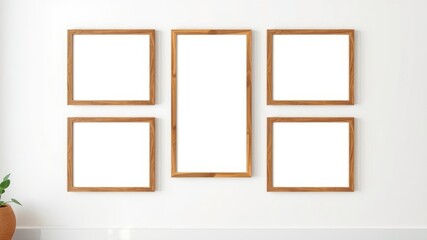Five Blank Wooden Frames on a White Wall, Perfect for Mockups and Interior Design Inspiration