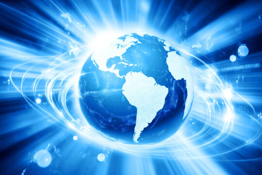 A blue background of the Earth and global network connections, representing international business technology
