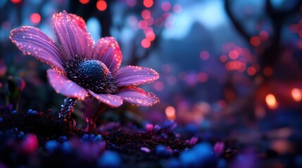 A beautiful, intricate flower amidst a dreamlike forest filled with soft glowing lights, captivating the viewer’s attention and evoking a sense of peace and tranquility in nature.