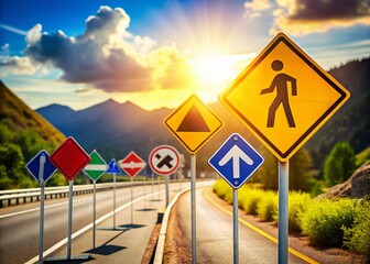 HD Road Signs Collection: Directional & Warning Signs on Asphalt Road