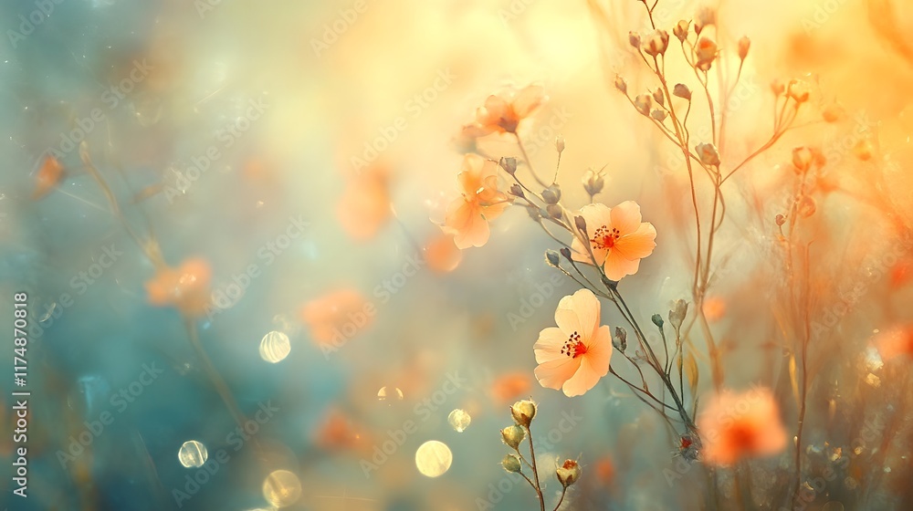 Poster ethereal soft and glowing floral bokeh radiating with vibrant harmonious tones and a captivating shi
