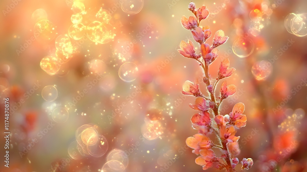Poster Glowing floral bokeh blossoms in a radiant spring palette with shimmering sparkles and ethereal transitions between vibrant colors and soft atmospheric forms