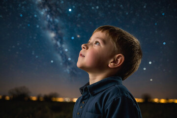 Naklejka premium wonder represented by a child looking up at the night sky