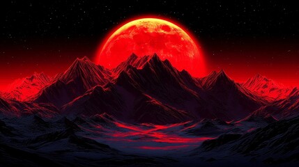 Fototapeta premium Crimson Moonrise Over Silhouetted Mountains in a Dark, Starry Sky