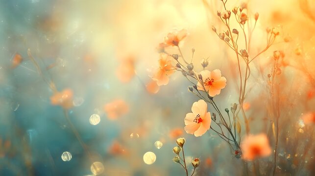 Ethereal soft and glowing floral bokeh radiating with vibrant harmonious tones and a captivating shimmering essence  A romantic natural background perfect for nature spring or summer themed designs