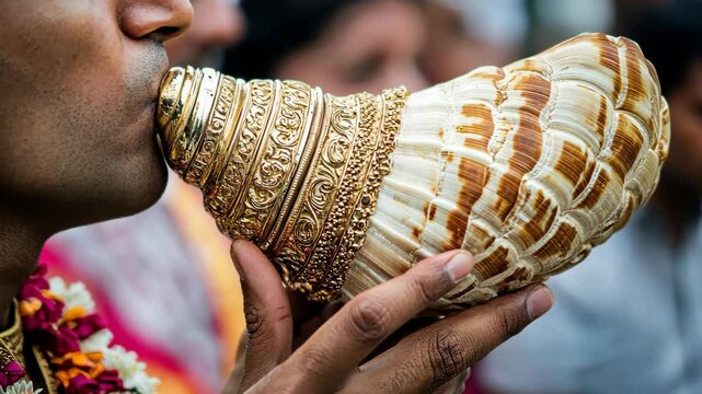 Man blowing a conch shell during a religious ceremony in a vibrant outdoor setting with attendees in the background