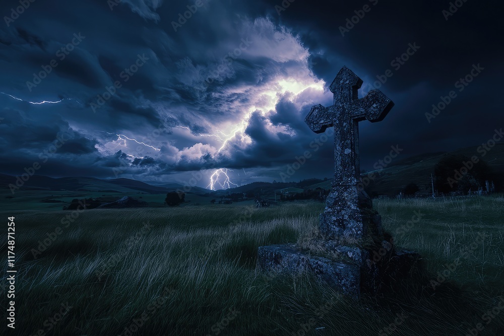 Aufkleber lightning striking a cross under a stormy sky, creating a dramatic and symbolic visual.