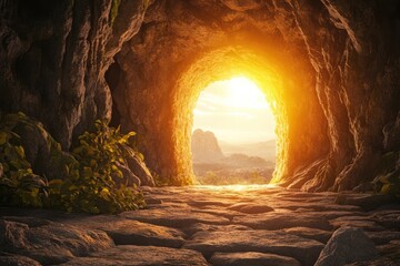 Light streaming into an empty tomb, symbolizing renewal and hope in a 3D illustration.
