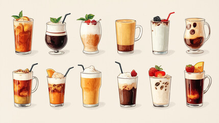 set of drinks, sticker set featuring a variety of beverages, café drinks