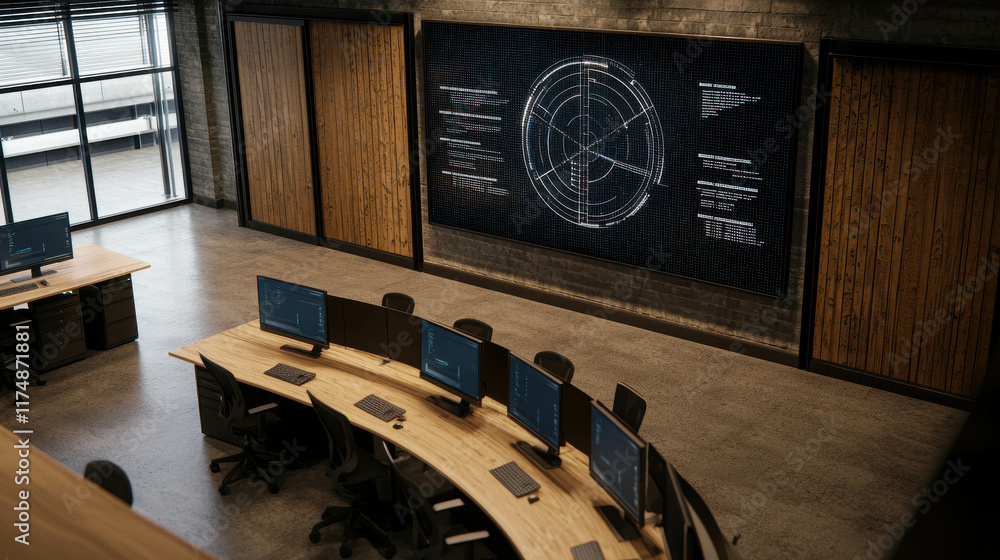Poster modern open plan workspace featuring collaborative tables and advanced technology
