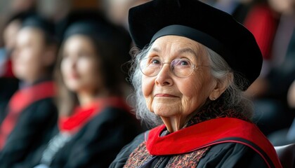 Elderly Woman Graduate Wearing Academic Regalia