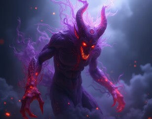 Fototapeta premium A Ghastly Specter of the Netherworld: A Digital Rendering of a Fiery, Horned Demon Emerging from the Shadows