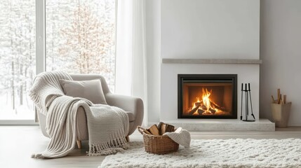 A cozy Nordic living room with a fireplace and a comfortable armchair.