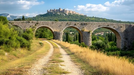 Fototapeta premium Majestic stone arches of an ancient bridge stretch across a lush green countryside leading the eye up to a grand medieval castle perched atop a rolling hill in the distance
