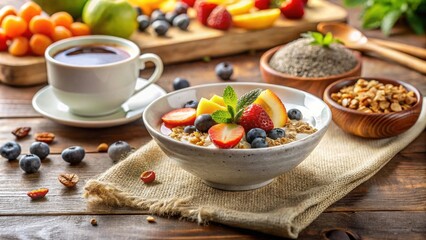 Delightful breakfast bowl brimming with yogurt, granola, and a vibrant medley of fresh berries and sliced fruit, accompanied by a steaming cup of tea on a rustic wooden table