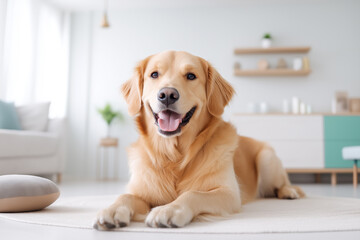 Golden retriever dog relaxing in bright modern living room.