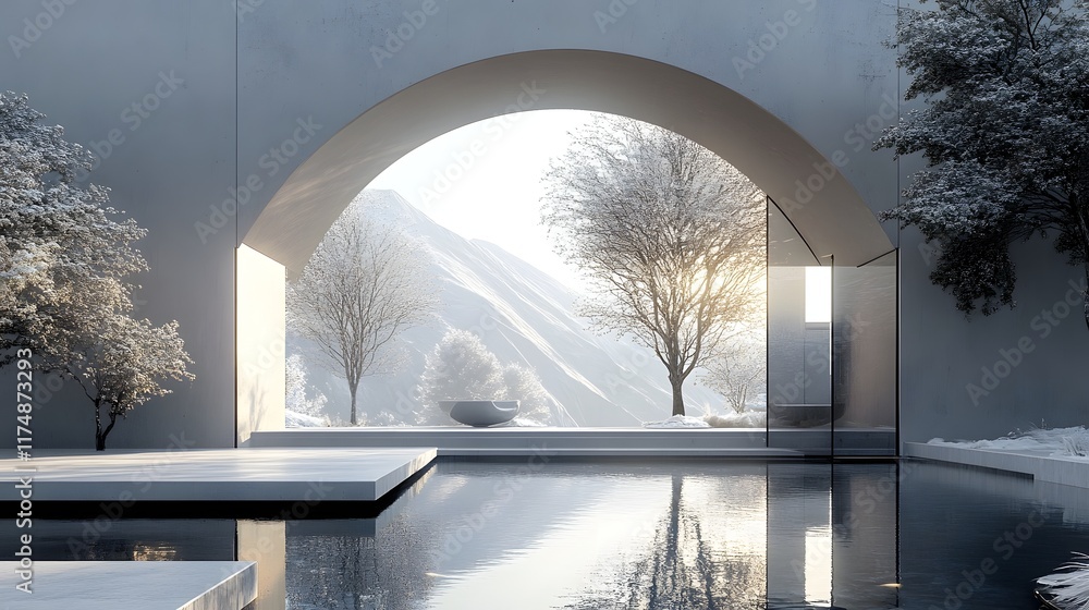 Poster serene architectural archway blending concrete and glass with sleek and sharp contrasts creating a m