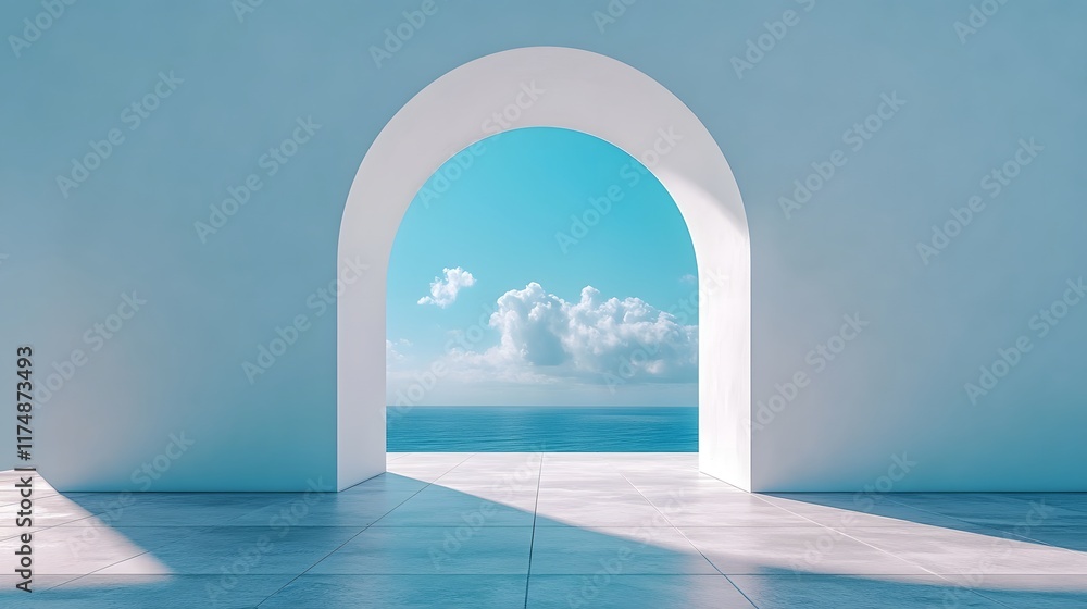 Poster a serene and contemplative image featuring a simple white archway set against a vast cloudless blue 