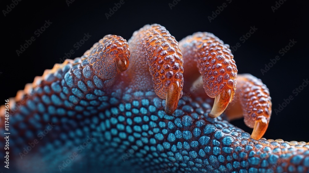 Poster close-up of a lizard's colorful and textured foot with vibrant scales and sharp claws.