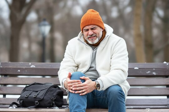 Elderly man holding his painful knee while sitting on a park bench, wearing warm winter clothing, with a blurred outdoor winter scene. Concept of joint pain, arthritis in cold weather. Ai generative