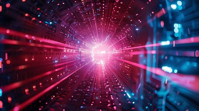 A glowing laser beam inside a computer processing unit, representing the intersection of optical technology and AI algorithms in high-speed data processing.



