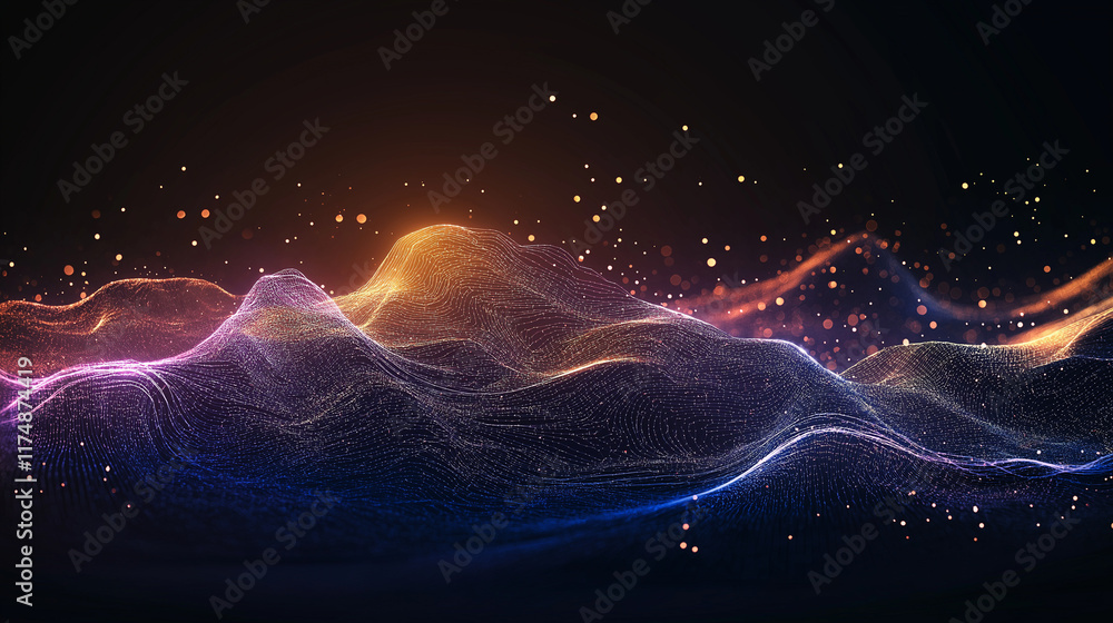 Aufkleber digital landscape: abstract, glowing waves of light and particles ripple across a dark background, c