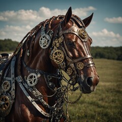 Obraz premium A steampunk horse with metallic armor and gears.