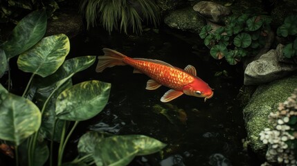 A vibrant orange koi fish swims gracefully in a serene pond surrounded by lush greenery.