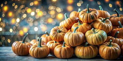 Thanksgiving's bounty: plump pumpkins glow, bokeh-soft fall scene.