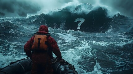 Person Navigating Turbulent Seas in Boat Amidst Powerful Exclamation Wave Concept