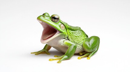 Naklejka premium Vibrant green frog leaping in nature close-up photography studio setting captivating wildlife concept