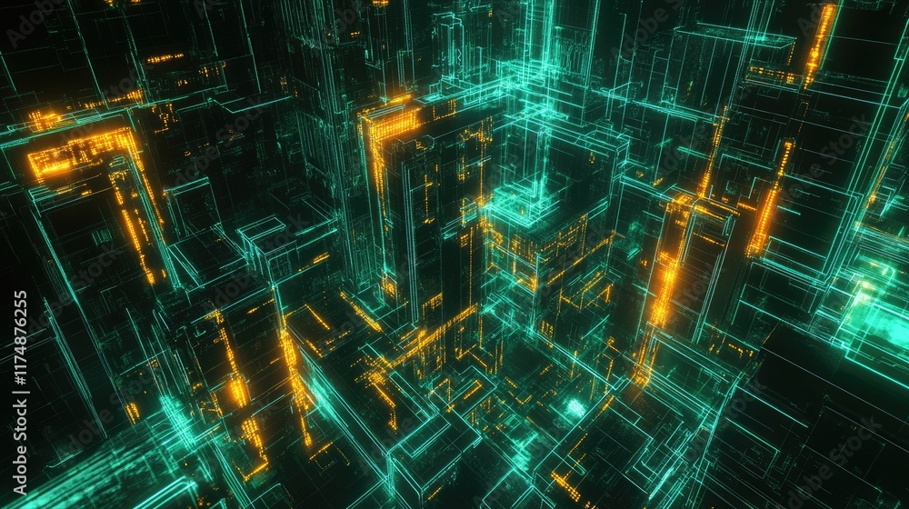 Poster smart technology concept with glowing icons, virtual devices, and dynamic data streams in a connecte