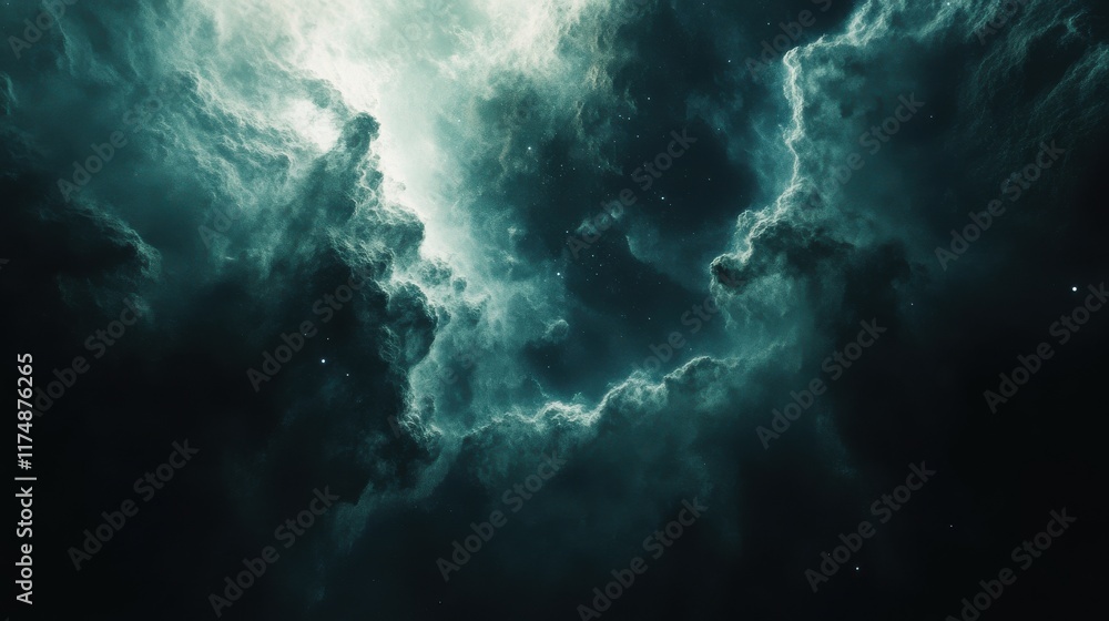 Poster mysterious celestial clouds illuminated by soft light in a deep space atmosphere.