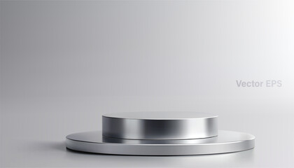 A 3D style Vector of a minimalist, Chrome or metallic silver podium. This circular platform with a stepped design is perfect for showcasing products or presentations.