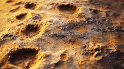 Close-up view of a textured surface resembling lunar terrain with craters and grooves.