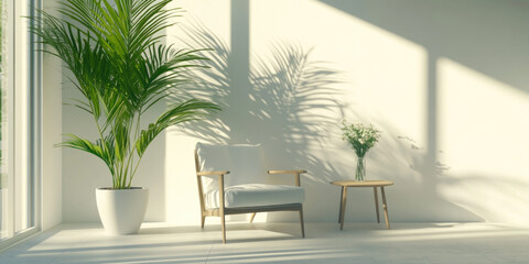Fototapeta premium Sunlit minimalist room with armchair, plant, and side table.