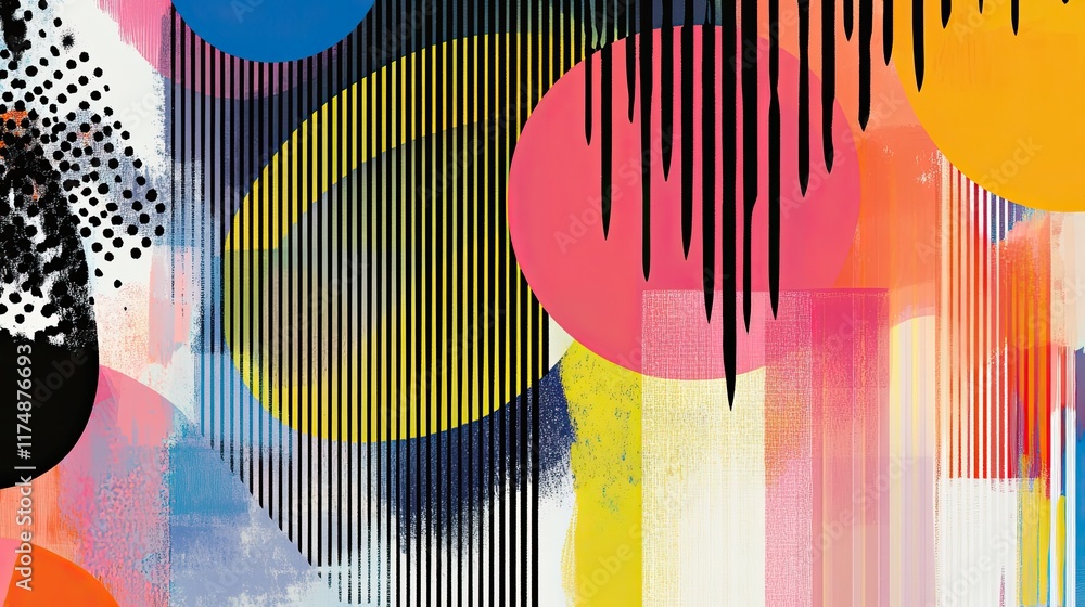 Poster vivid graphic elements with angular patterns and bold color contrasts forming a dynamic composition.
