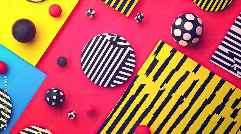 Poster vivid graphic elements with angular patterns and bold color contrasts forming a dynamic composition.