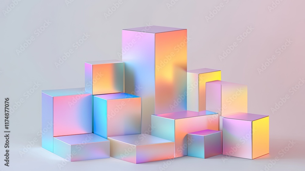Poster d cubes with reflective surfaces, illuminated by diffused gradient lighting, arranged in a minimal c