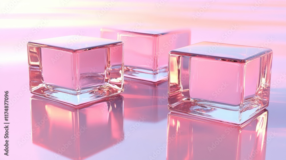 Poster d cubes with reflective surfaces, illuminated by diffused gradient lighting, arranged in a minimal c