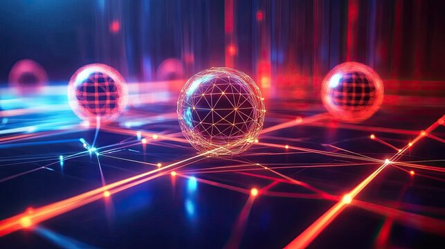 D digital technology design with glowing lines, neon orbs, and interconnected virtual objects in a futuristic setting.