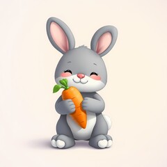 Cute Bunny with Carrot: A charming illustration of a grey bunny holding a fresh carrot, capturing the essence of springtime and Easter joy.