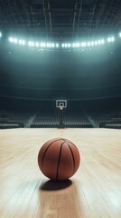 A basketball court with a ball in motion under bright stadium lights. The atmosphere is energetic and focused, highlighting the game arena.