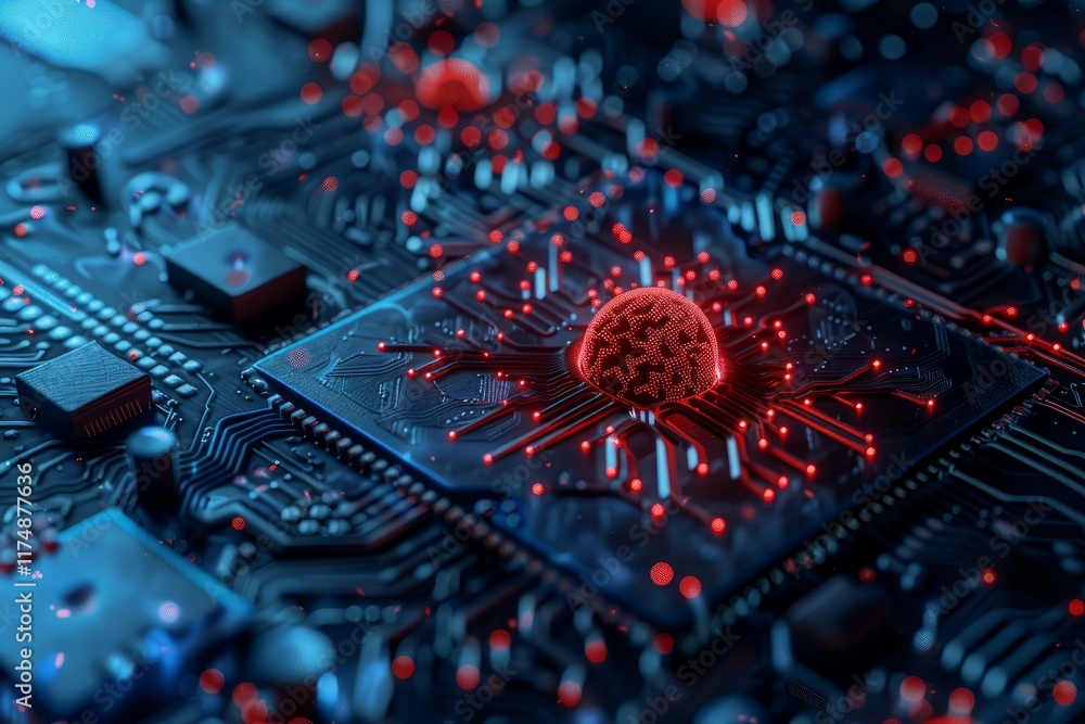 Poster futuristic microchip with a glowing red core representing artificial intelligence, processing data