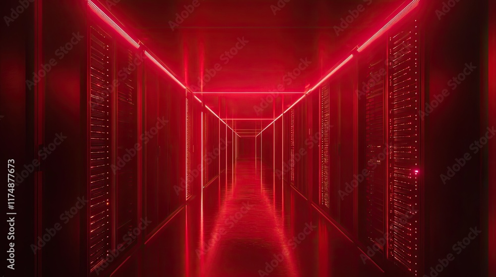 Poster d illustration of a digital data center with glowing servers and virtual data networks.