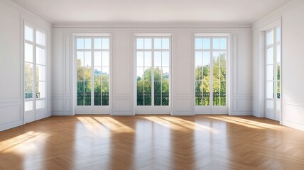 Obraz premium A 3D rendering of an empty room featuring elegant parquet flooring and soft, natural lighting.
